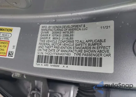 2022 Honda Accord Sport Special Edition z USA, uszkodzony, nr VIN 1HGCV1F43NA007493